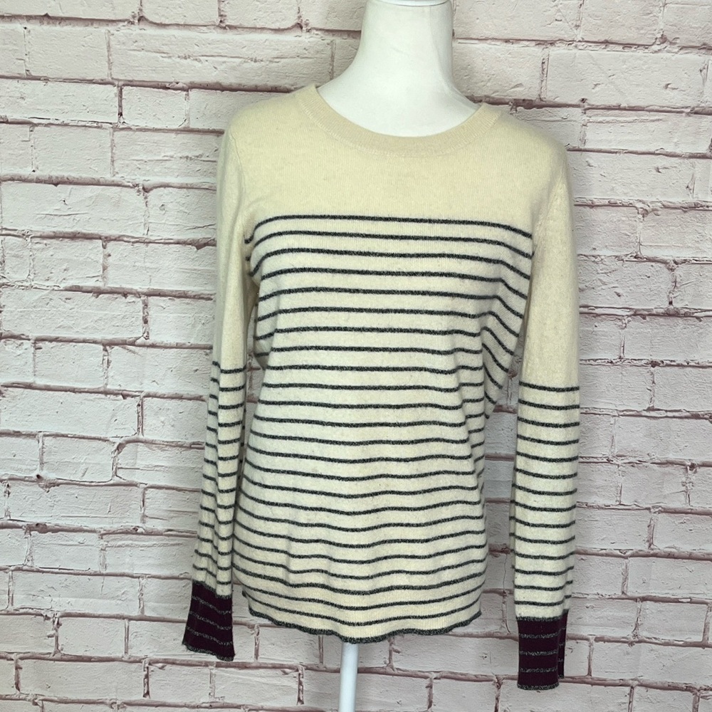 White + Warren 100% Cashmere Striped Pullover Sweater Cream/Black Size Large